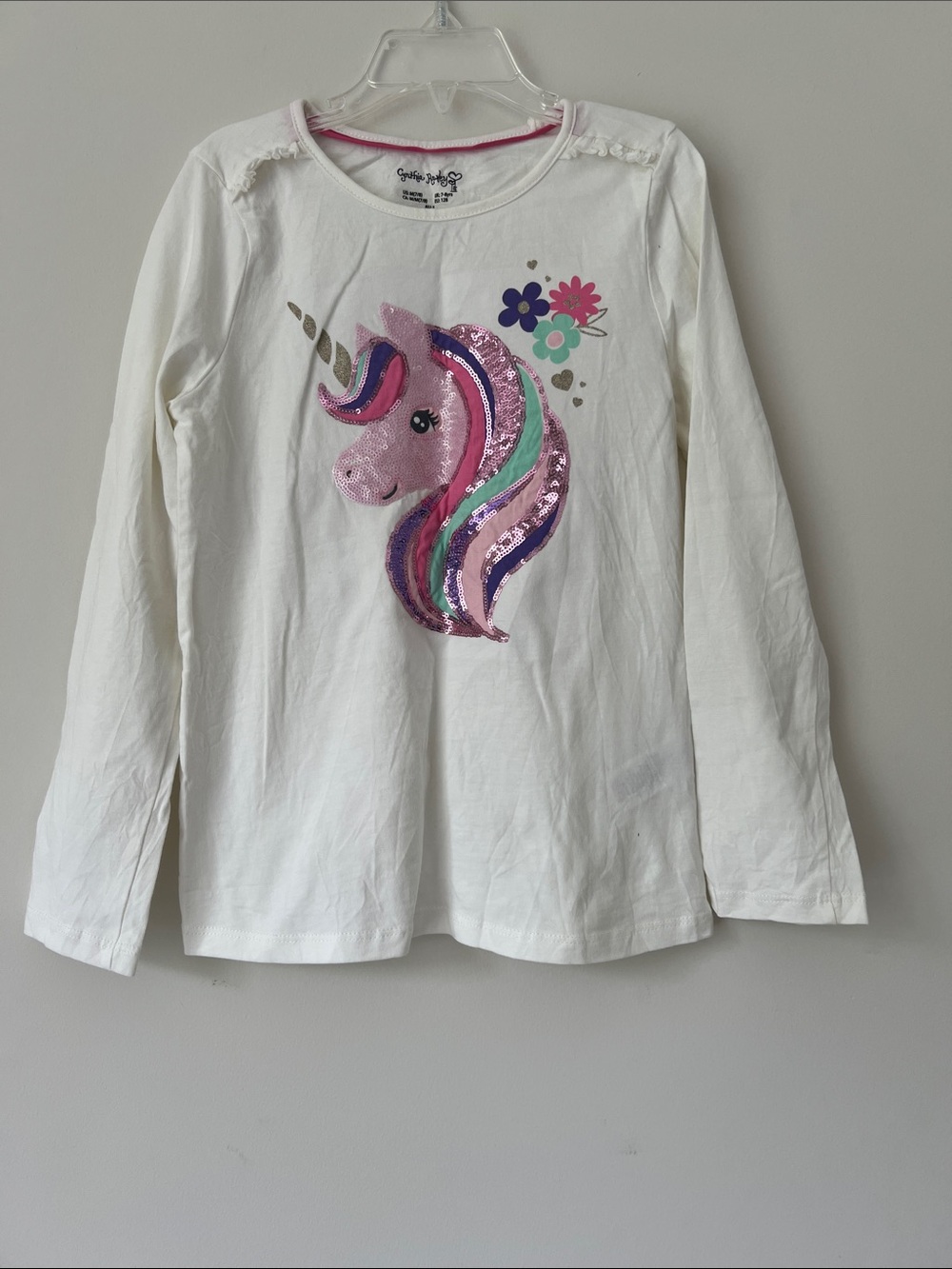 Cynthia Rowley White Long Sleeve Tee with Sequin Pink & Purple Unicorn